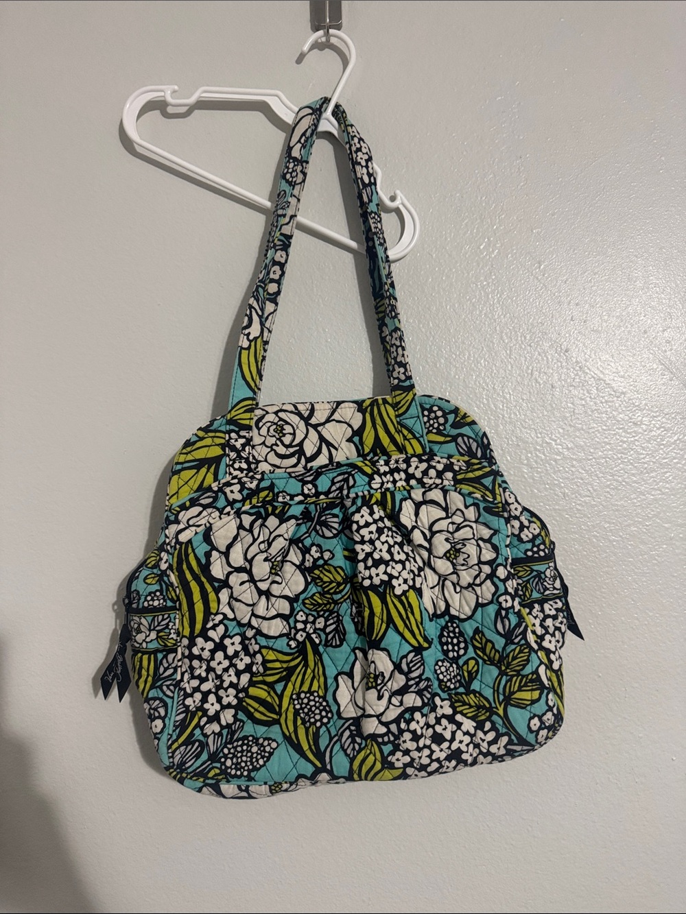 Quilted Floral Tote in Aqua, White & Lime